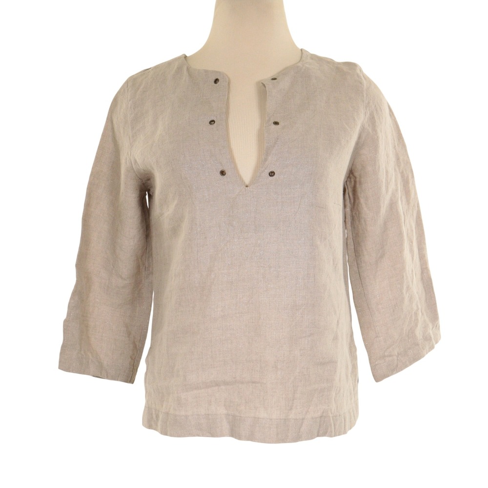 Erica Tanov Top Shimmer 100% Linen Beige Boho Breathable USA Women Sz 1 Small